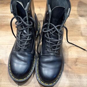 Dr. Martens Black Leather Lace-Up Boots with Yellow Stitching